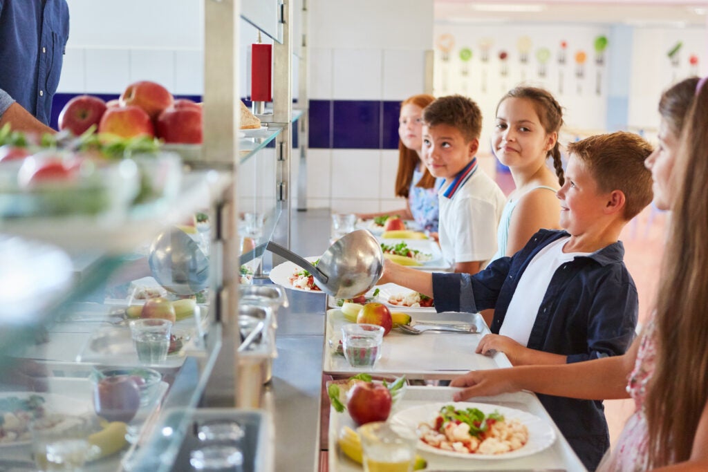 Happy kids in line taking food from cafeteria worker during lunch time at school