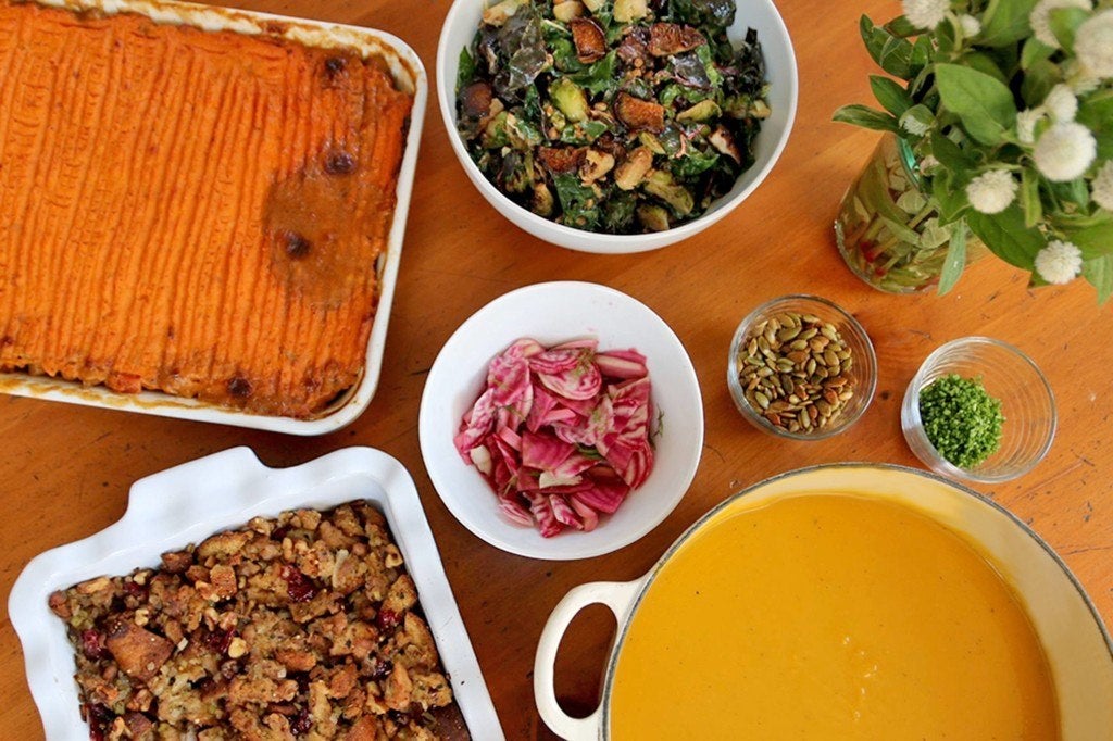dinner table with a variety of dishes