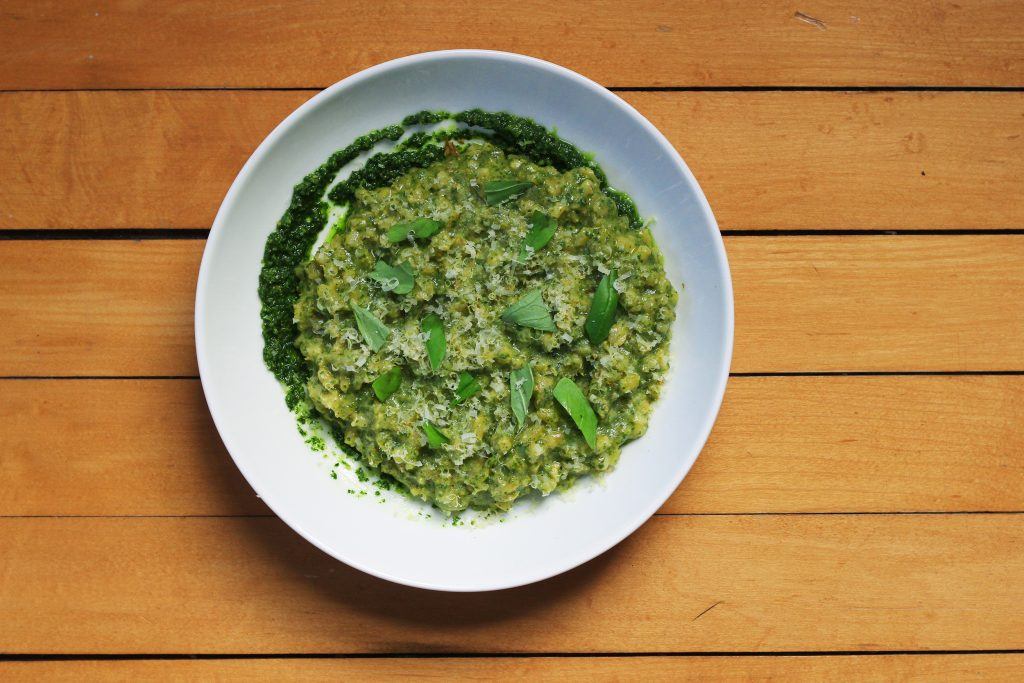 farro risotto made with walnut pesto