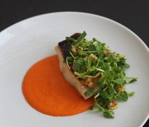 A plate with pan seared bass fish over a bright red walnut romesco sauce and topped with a bright green pea shoot salad