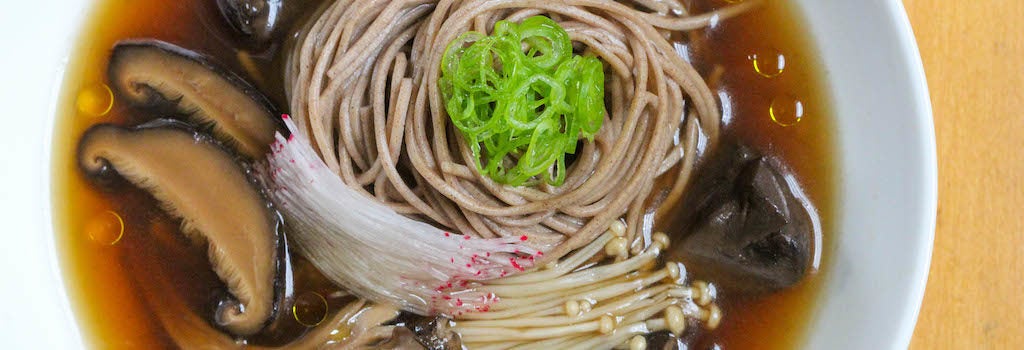 A bowl of Wild Mushroom Soup with Soba